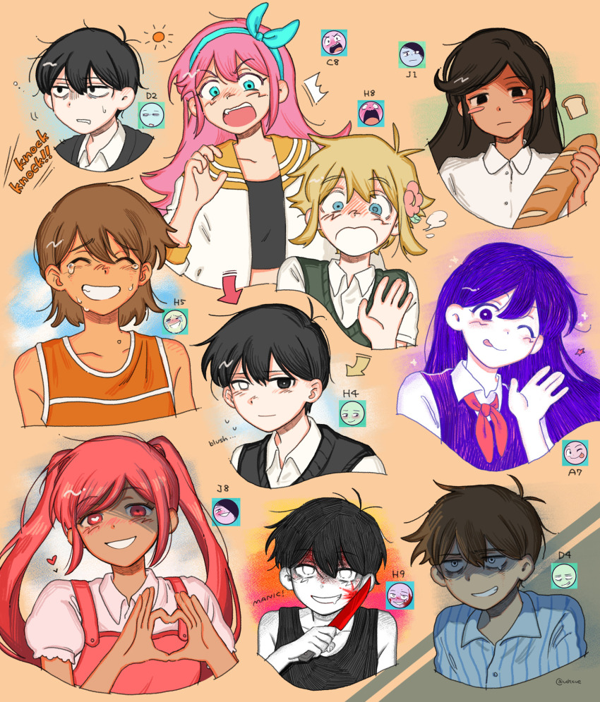 4girls 5boys :p \||/ ^^^ ^_^ antenna_hair aqua_eyes aqua_hairband arrow_(symbol) aubrey_(faraway)_(omori) aubrey_(omori) baguette bare_shoulders basil_(faraway)_(omori) basil_(omori) black_eyes black_hair black_shirt black_sweater_vest black_tank_top blonde_hair blue_eyes blush_stickers bow_hairband bread bread_slice bright_pupils brother_and_sister brothers brown_hair buttons clenched_teeth closed_eyes closed_mouth collarbone collared_shirt commentary cropped_torso crying daphne_(omori) dark-skinned_female dark-skinned_male dark_skin double-parted_bangs empty_eyes english_commentary english_text flower flying_sweatdrops food green_sweater_vest grin hair_behind_ear hair_between_eyes hair_flower hair_ornament hairband hand_up hatching_(texture) heart heart-shaped_pupils heart_hands hero_(faraway)_(omori) hero_(omori) heterochromia highres holding holding_food holding_knife jacket kel_(faraway)_(omori) kel_(omori) knife long_hair long_sleeves looking_at_viewer mari_(headspace)_(omori) mari_(omori) multiple_boys multiple_girls neckerchief no_pupils official_alternate_eye_color omori omori_(omori) one_eye_closed open_clothes open_jacket open_mouth orange_background orange_sailor_collar orange_tank_top overalls partially_shaded_face perfectheart_(omori) pink_hair puffy_short_sleeves puffy_sleeves purple_eyes purple_hair purple_sweater_vest red_eyes red_flower red_hair red_neckerchief red_overalls reference_inset sailor_collar shirt short_hair short_sleeves siblings simple_background smile sparkle star_(symbol) striped_clothes sunny_(omori) sweatdrop sweater_vest symbol-shaped_pupils tank_top teeth tongue tongue_out twintails ud01f upper_teeth_only v-shaped_eyebrows vertical-striped_clothes white_eyes white_jacket white_pupils white_shirt white_trim