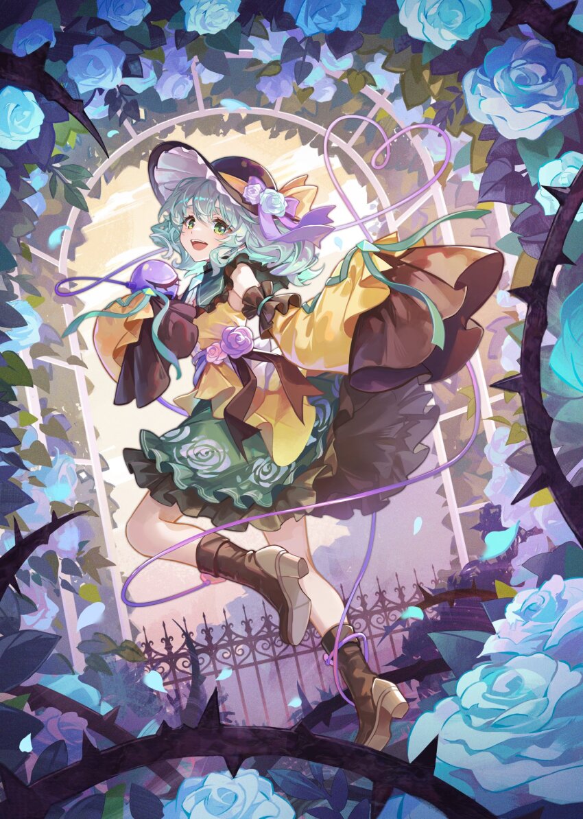 1girl :d adapted_costume arch black_footwear black_hat blue_flower blue_rose commentary detached_sleeves floral_arch floral_print flower gate green_eyes green_hair green_skirt hair_over_shoulder hat hat_ribbon highres komeiji_koishi kyusoukyu long_hair long_sleeves looking_at_viewer looking_back open_mouth petals ribbon rose rose_print shirt skirt sleeveless sleeveless_shirt smile solo third_eye thorns touhou wide_sleeves yellow_ribbon yellow_shirt