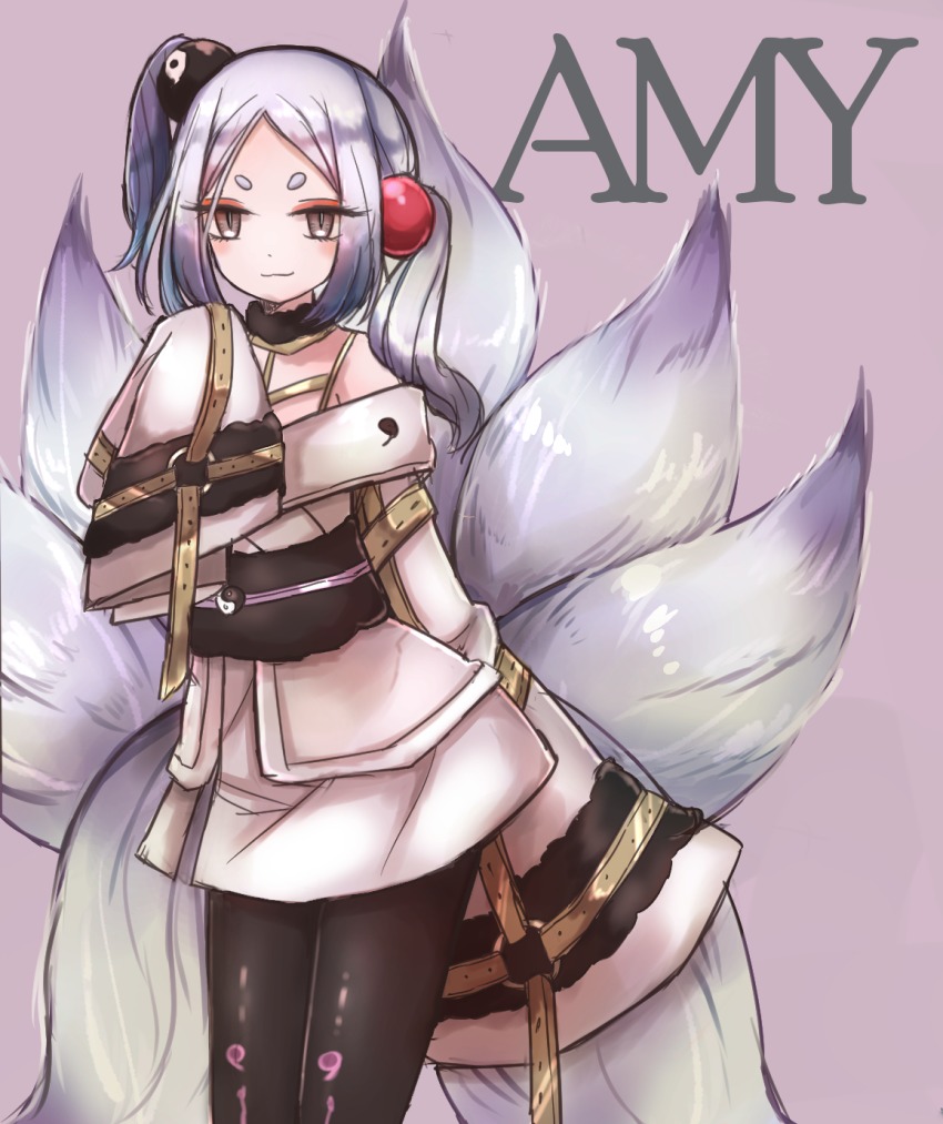 10s 1girl amy_(mahoiku) brown_eyes butter_run female_focus fox_tail highres kitsune kyuubi long_sleeves mahou_shoujo_ikusei_keikaku mahou_shoujo_ikusei_keikaku_f2p multiple_tails pantyhose side_ponytail silver_hair sleeves_past_wrists smirk solo tail wide_sleeves