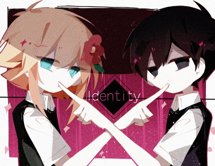 2boys antenna_hair aqua_eyes basil_(faraway)_(omori) basil_(omori) black_eyes black_hair black_sweater_vest blonde_hair border collared_shirt commentary english_commentary film_grain flower hair_flower hair_ornament hand_up identity_(vocaloid) index_finger_raised leaf lemonail looking_at_viewer male_focus medium_hair multiple_boys no_pupils omori outside_border pale_skin red_background red_flower shirt sidelocks simple_background sparkle sunny_(omori) sweater_vest upper_body white_border white_shirt