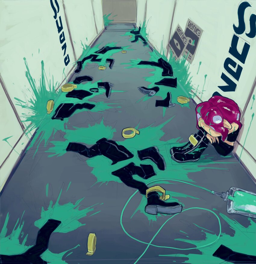 1girl agent_8_(splatoon) covering_face highres hugging_own_legs implied_death ink ink_on_clothes intravenous_drip nintendo octoling octoling_girl octoling_player_character pointy_ears red_hair single_sleeve sitting smile_tarooo splatoon_(series) splatoon_2 splatoon_2:_octo_expansion splatter suction_cups tentacle_hair unworn_clothes