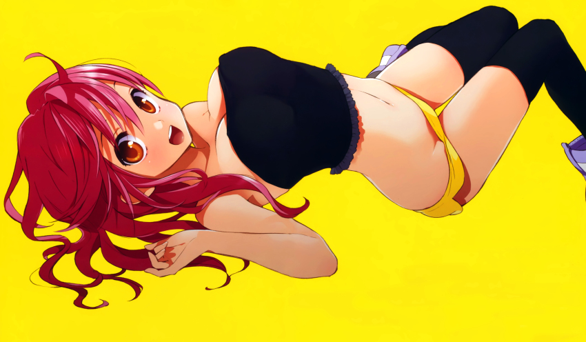 1girl :d absurdres bare_shoulders black_thighhighs breasts cleavage dolphin_shorts female_focus highres large_breasts long_hair looking_at_viewer lying micro_shorts on_back open_mouth orange_eyes red_hair short_shorts shorts simple_background smile solo strapless thigh_gap thighhighs zekkyou zekkyou_(h9s9)