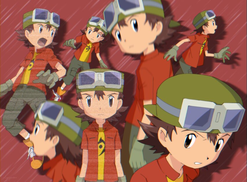 1boy blurry brown_hair commentary_request cowboy_shot digimon digimon_frontier full_body goggles goggles_on_head goggles_on_headwear green_hat grey_pants hat highres kanbara_takuya kato_(digiyuzu) male_focus multiple_views open_clothes open_shirt pants parody red_background red_shirt shirt yellow_shirt