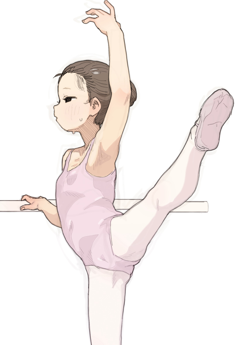 1girl athletic_leotard ballet ballet_slippers black_eyes brown_hair collarbone commentary dancing english_commentary hair_bun highres leotard opossumachine original paid_reward_available pantyhose pink_footwear pink_leotard solo standing standing_on_one_leg sweat white_pantyhose