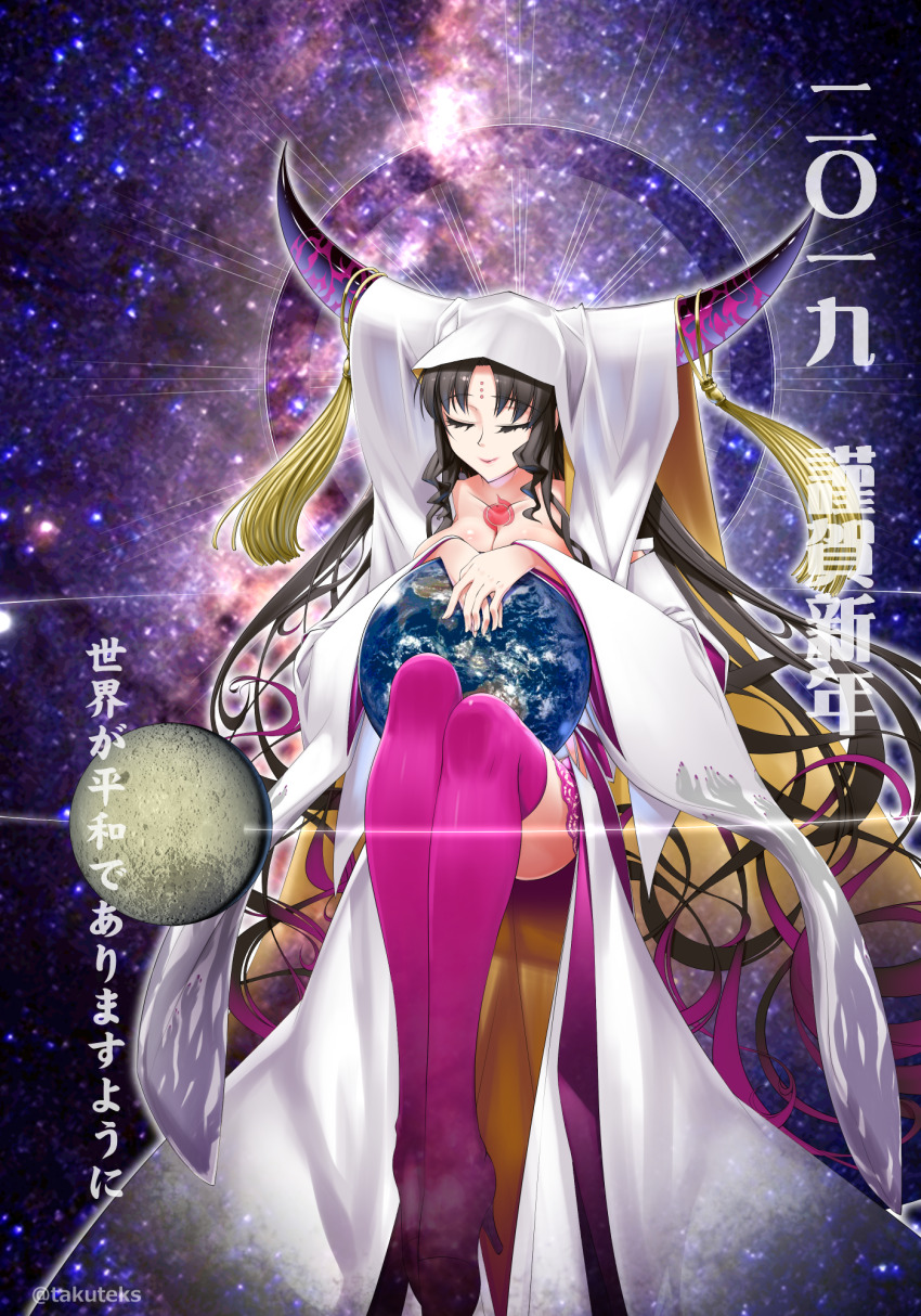 1girl black_hair boots breasts chest_tattoo cleavage closed_eyes closed_mouth dress earth_(planet) fate/extra fate/extra_ccc fate/grand_order fate_(series) giant giantess gradient_hair halo halo_behind_head handprint high_heel_boots high_heels highres horns large_breasts lips long_hair long_sleeves moon multicolored_hair parted_bangs pink_footwear pink_hair pink_horns planet print_sleeves purple_horns sessyoin_kiara sidelocks smile solo space takuteks tassel tattoo thigh_boots translation_request twitter_username veil very_long_hair white_dress white_veil wide_sleeves