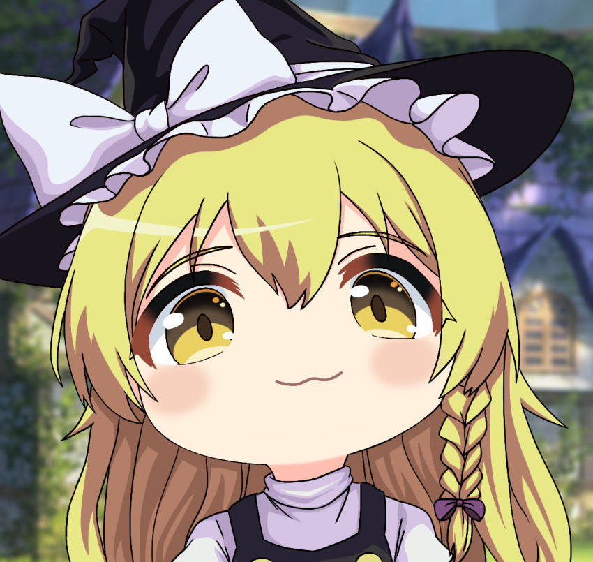 1girl :3 arched_bangs black_vest braid braided_sidelock buttons chinese_commentary commentary_request eyebrows_hidden_by_hair hair_between_eyes hair_ribbon hat hat_ribbon kirisame_magic_shop kirisame_marisa long_hair looking_at_viewer mixed-language_commentary mutsuki_face_(blue_archive) portrait purple_ribbon ribbon shirt single_braid solo touhou turtleneck turtleneck_shirt vest white_ribbon white_shirt witch_hat yellow_eyes yige_lurenjia