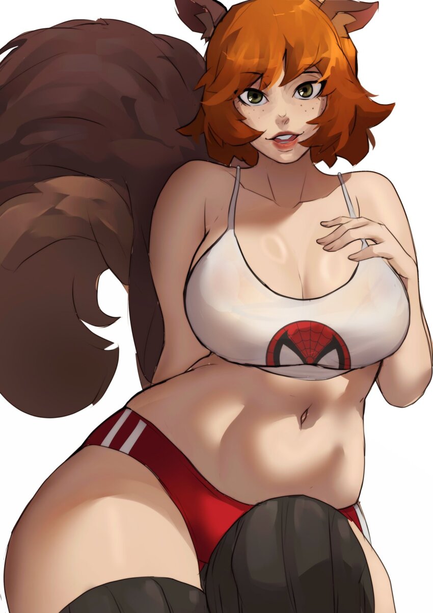 1girl animal_ears breasts freckles funi_xd green_eyes highres large_breasts looking_at_viewer marvel marvel_rivals navel orange_hair short_hair solo spider-man spider-man_(series) squirrel_ears squirrel_girl squirrel_girl_(marvel) squirrel_tail tail thighhighs thighs