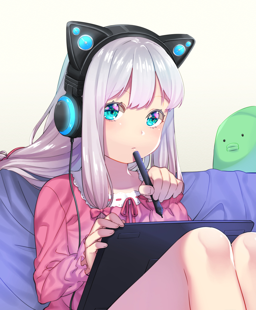 10s 1girl animal_ear_headphones animal_ears aqua_eyes axent_wear bow cat_ear_headphones commentary_request drawing_tablet eromanga_sensei fake_animal_ears female_focus hair_bow hair_ornament headphones highres izumi_sagiri long_hair looking_at_viewer pink_shirt shirt silver_hair sitting solo stuffed_toy stylus tablet_pc yoridoriyk