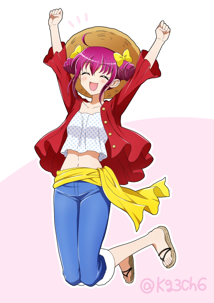 1girl absurdres ahoge arms_up blue_pants blush bow brown_hat closed_eyes commentary commission cone_hair_bun cosplay cropped_shirt double_bun hair_bow hair_bun hat highres hoshizora_miyuki jacket kagami_chihiro medium_hair midriff monkey_d._luffy monkey_d._luffy_(cosplay) navel one_piece open_clothes open_jacket open_mouth pants pink_hair pixiv_commission polka_dot polka_dot_shirt precure red_jacket sandals sash shirt sidelocks smile smile_precure! solo straw_hat twitter_username two-tone_background white_shirt yellow_bow yellow_sash