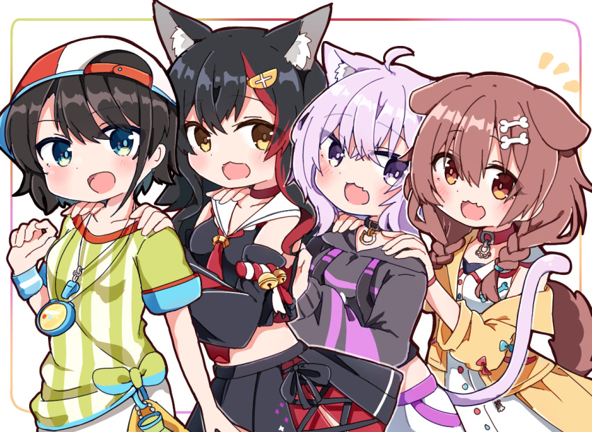 :d animal_collar animal_ears black_hair black_hoodie black_serafuku black_skirt blush braid brown_eyes brown_hair cat_ears cat_tail chibi collar commentary dog_ears dog_girl dog_tail dress extra_ears fang hair_between_eyes hair_ornament hair_over_shoulder hairclip hand_on_another&#039;s_stomach hololive hood hoodie inugami_korone inugami_korone_(1st_costume) jacket long_hair looking_at_viewer low_twin_braids low_twintails nekomata_okayu nekomata_okayu_(1st_costume) off_shoulder ookami_mio ookami_mio_(1st_costume) oozora_subaru oozora_subaru_(1st_costume) open_clothes open_jacket open_mouth purple_hair rabiiandrain red_collar school_uniform serafuku shirt short_dress short_hair skin_fang skirt sleeveless sleeveless_dress smile striped_clothes striped_shirt tail twin_braids twintails vertical-striped_clothes vertical-striped_shirt virtual_youtuber white_dress wolf_ears wolf_girl yellow_jacket yellow_skirt