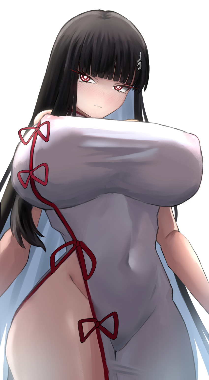 1girl absurdres black_hair blue_archive breasts china_dress chinese_clothes covered_erect_nipples covered_navel dress highres kardia_(618099) large_breasts no_panties rio_(blue_archive)