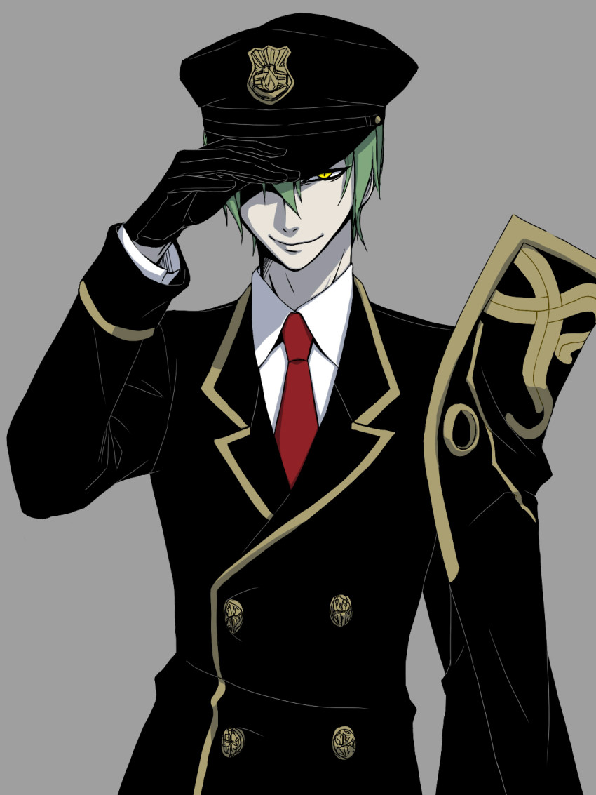 1boy arc_system_works arin66 armor blazblue evil_smile formal_clothes gloves green_hair hat hazama highres male_focus military military_uniform necktie pauldrons peaked_cap short_hair shoulder_armor smile solo suit yellow_eyes