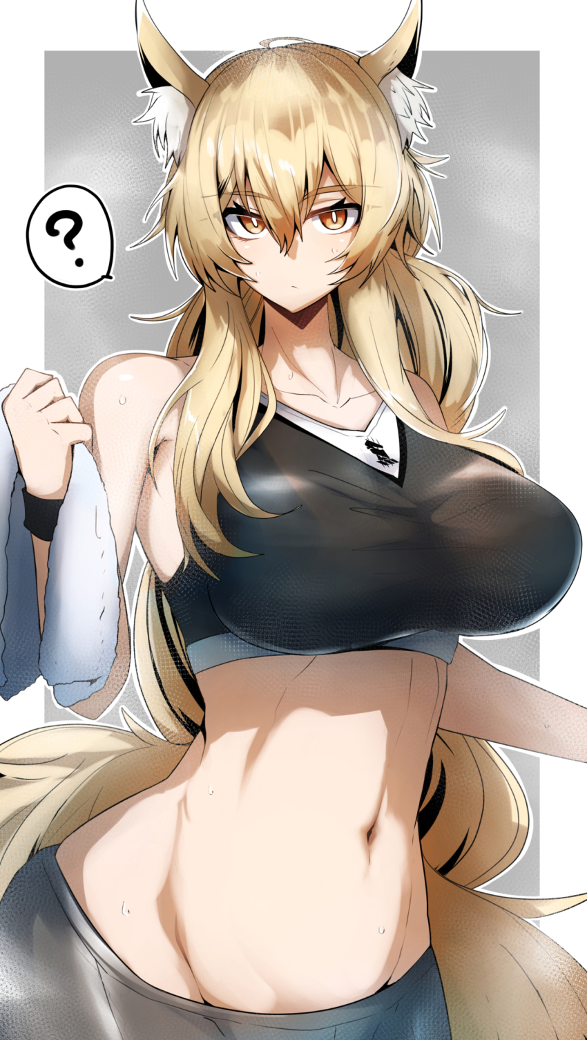 1girl ? animal_ear_fluff animal_ears arknights blonde_hair breasts closed_mouth gin_moku highres holding holding_towel large_breasts long_hair looking_at_viewer navel nearl_(arknights) sports_bra steam sweat tail towel upper_body very_long_hair wristband yellow_eyes