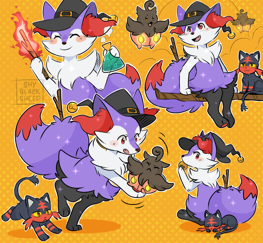 1other alternate_color animal_ears blush blush_stickers braixen broom broom_riding commentary creatures_(company) eating english_commentary fang food fox_ears fox_tail furry game_freak gen_6_pokemon gen_7_pokemon hat highres holding holding_food holding_wand litten nintendo open_mouth pokemon pokemon_(creature) potion pumpkaboo shiny_pokemon shyblacksheep smile standing standing_on_one_leg tail wand witch_hat