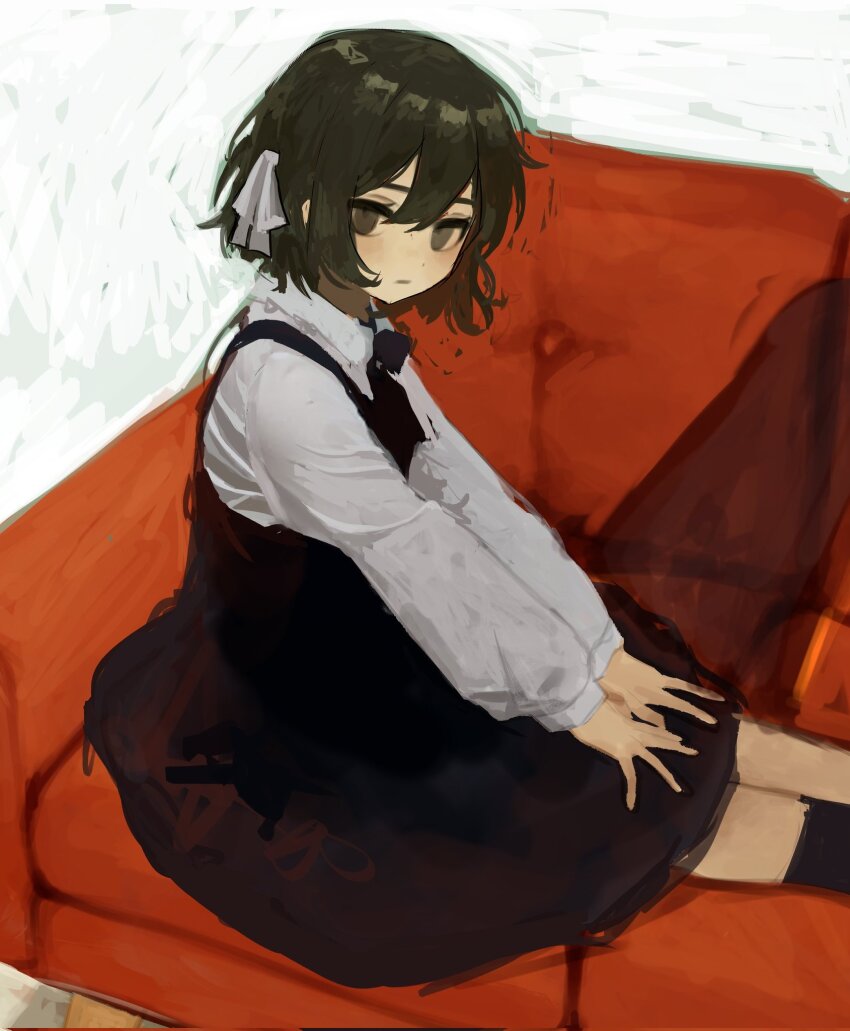 1girl bad_id bad_twitter_id black_dress black_hair brown_eyes closed_mouth collared_shirt couch dress expressionless hair_ribbon hands_on_own_legs haru_(ririne9999rine) highres long_sleeves looking_at_viewer on_couch original ribbon shirt short_hair sitting solo white_ribbon white_shirt