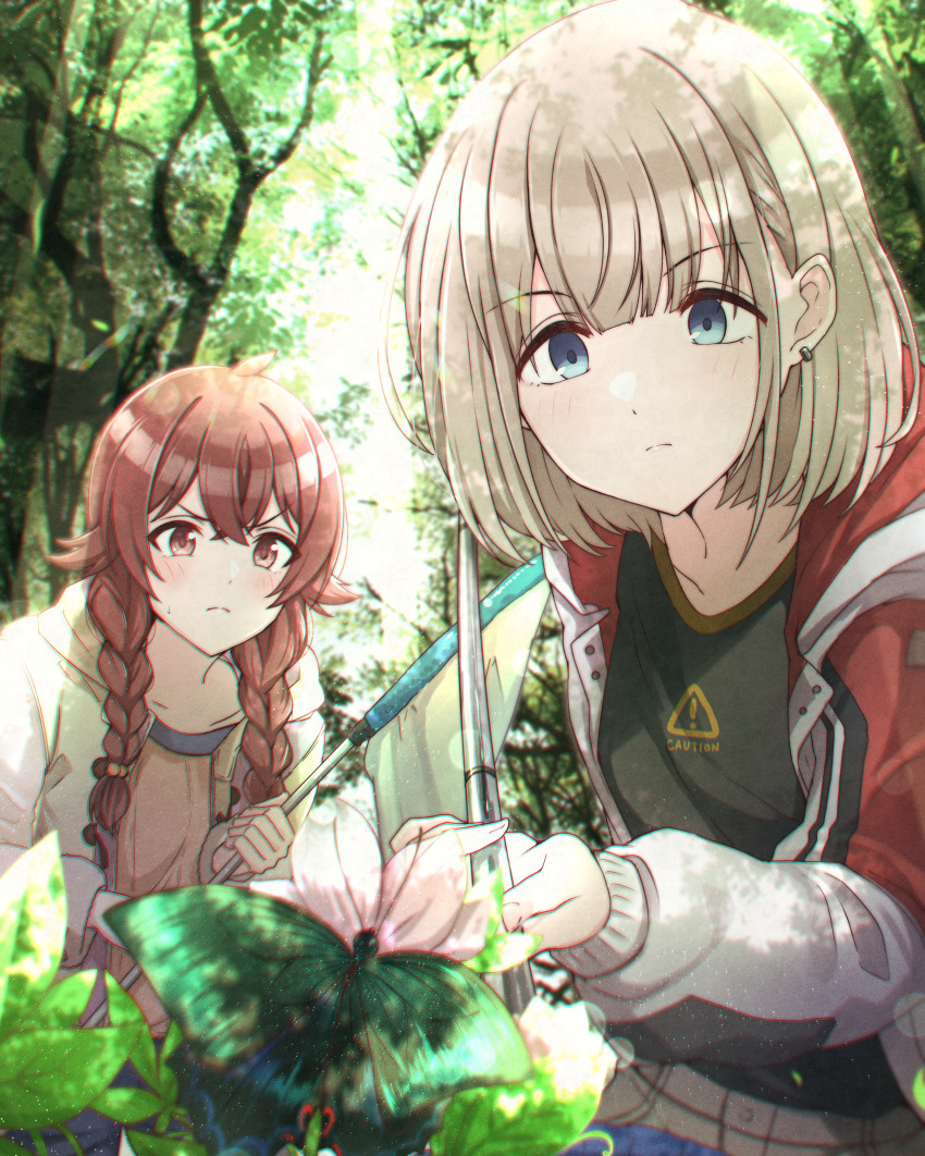 2girls absurdres ahoge black_shirt blue_eyes braid brown_eyes brown_hair brown_shirt bug bug_hunting butterfly butterfly_net chromatic_aberration earrings flower forest grey_hair hand_net highres holding holding_butterfly_net hood hood_down hooded_jacket idolmaster idolmaster_shiny_colors insect jacket jewelry komiya_kaho kusaka_io long_hair medium_hair multiple_girls nature serizawa_asahi shirt sweatdrop twin_braids v-shaped_eyebrows white_jacket