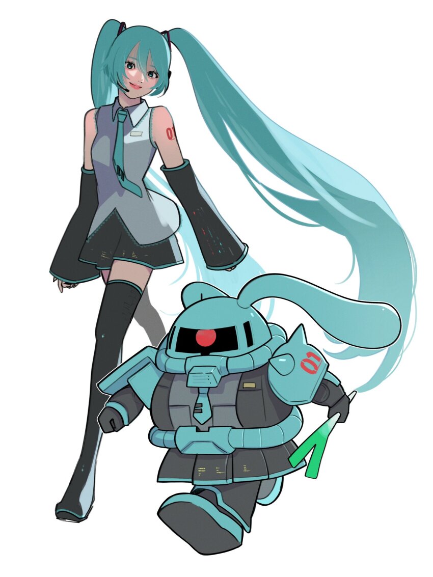 1girl aqua_eyes aqua_hair bare_shoulders black_sleeves blush breasts commentary detached_sleeves food full_body grey_shirt gundam hair_between_eyes hatsune_miku head_tilt headphones headset highres holding holding_food holding_spring_onion holding_vegetable long_hair looking_at_viewer mecha miku_day mobile_suit mobile_suit_gundam necktie number_tattoo one-eyed pink_lips robot science_fiction shirt simple_background skirt sleeveless smile spring_onion tattoo twintails vegetable very_long_hair vocaloid walking yellowunk zaku zeon