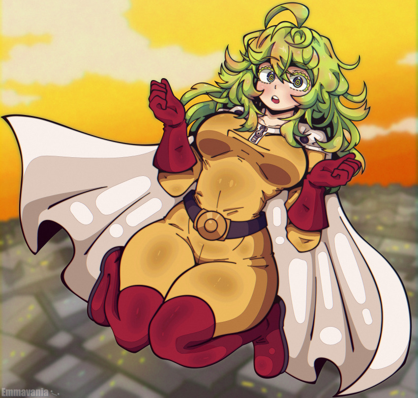 1girl absurdres belt belt_buckle boku_no_hero_academia boots breasts buckle cape cosplay gloves green_eyes green_hair hagakure_tooru highres in_air jumpsuit large_breasts looking_at_viewer one-punch_man orange_sky red_gloves saitama_(one-punch_man)_(cosplay) saitama_(onepunch_man)_(cosplay) sky solo thick_thighs thighs tooru_hagakure watermark white_cape wide_hips yellow_jumpsuit zipper