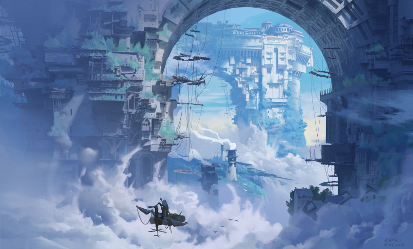 1girl above_clouds absurdres aircraft architecture artist_name bird bridge cloud dated fantasy flying_vehicle highres jef_wu original overgrown ruins scaffolding scenery sky solo