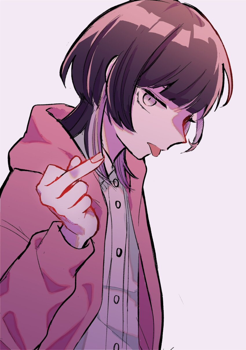 1girl :p blunt_bangs brown_hair collared_shirt colored_inner_hair commentary_request dress_shirt fujii_ayame futsuu_no_keion-bu hand_up head_down highres hood hood_down hooded_jacket jacket kanminec0 long_sleeves looking_at_viewer middle_finger multicolored_hair open_clothes open_jacket pink_jacket purple_hair shirt simple_background solo tongue tongue_out two-tone_hair upper_body white_shirt wolf_cut