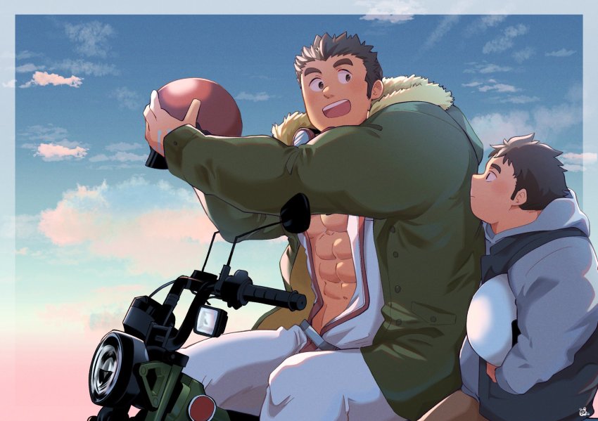 2boys abs bara blue_sky blush border brown_eyes brown_hair cloud cloudy_sky commentary_request commission feet_out_of_frame goggles goggles_around_neck helmet highres holding holding_helmet jumpsuit kajiya_kurogane long_sideburns looking_at_another male_focus motor_vehicle motorcycle multiple_boys muscular muscular_arms muscular_male outside_border partially_unzipped pectorals protagonist_5_(housamo) sawch_cls short_hair sideburns sitting skeb_commission sky stomach thick_eyebrows tokyo_houkago_summoners transparent_border white_border white_jumpsuit