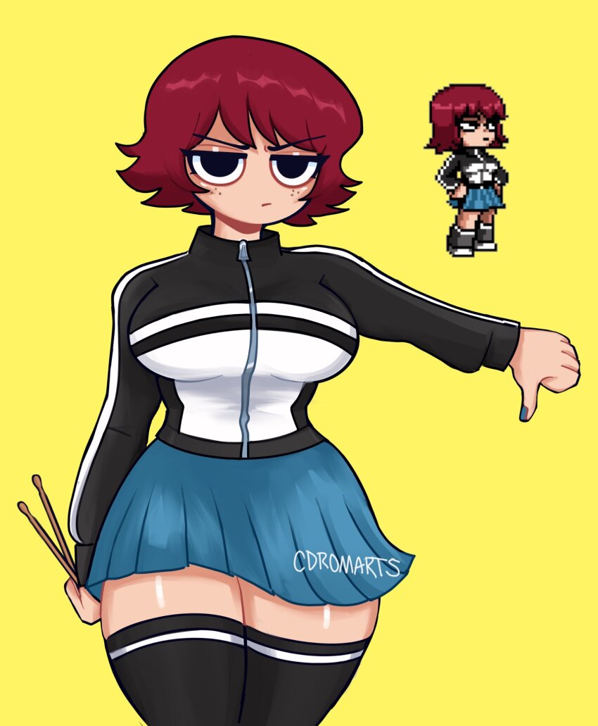 1girl artist_name black_eyes black_jacket black_thighhighs blue_nails blue_skirt breasts cdromarts drumsticks freckles frown highres holding holding_drumsticks jacket kim_pine medium_breasts nail_polish no_pupils pleated_skirt red_hair reference_inset scott_pilgrim_(series) short_hair skirt solo thighhighs thumbs_down v-shaped_eyebrows yellow_background