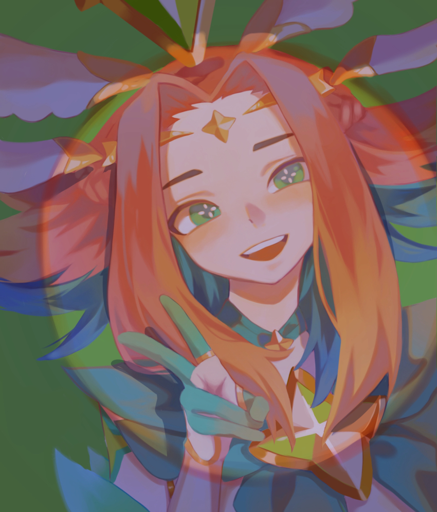 1girl :d blush colored_skin green_eyes green_skin highres league_of_legends long_hair looking_at_viewer multicolored_background muyu_0709 neeko_(league_of_legends) open_mouth parted_bangs red_hair smile solo star_(symbol) star_guardian_neeko teeth upper_body upper_teeth_only v