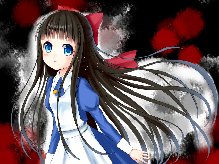 1girl aya_drevis black_hair blue_dress blue_eyes blunt_bangs bow child dress hair_bow hime_cut long_hair long_sleeves looking_at_viewer mad_father open_mouth setona_(daice) solo straight_hair very_long_hair