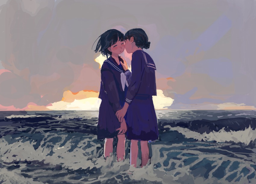 2girls beach black_hair closed_eyes imminent_kiss minahamu multiple_girls ocean original sailor_collar school_uniform short_hair skirt standing water waves yuri