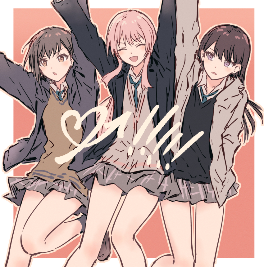 3girls ^_^ arms_up bang_dream! bang_dream!_it&#039;s_mygo!!!!! black_jacket black_sweater blue_necktie blush border brown_footwear brown_hair brown_outline brown_sweater bullfalk cardigan chihaya_anon closed_eyes collared_shirt gradient_background grey_cardigan grey_hair grey_jacket grey_skirt hand_in_pocket highres jacket long_hair mole mole_under_eye multiple_girls necktie open_clothes open_jacket open_mouth outline outside_border plaid_clothes plaid_skirt pleated_skirt purple_eyes school_uniform shiina_taki shirt short_hair skirt sweater takamatsu_tomori white_border white_shirt