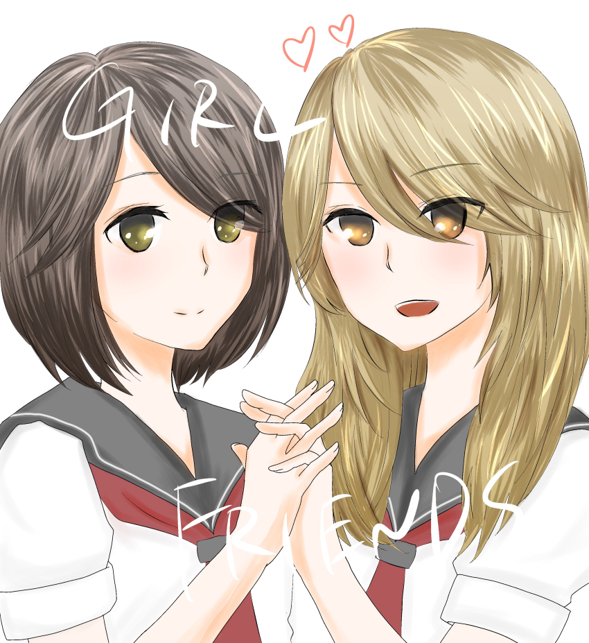 2girls absurdres black_hair blonde_hair collared_shirt couple english_text girl_friends_(manga) happy highres holding_hands interlocked_fingers kumakura_mariko long_hair multiple_girls necktie oohashi_akiko open_mouth school_uniform shiromibb shirt short_hair simple_background smile white_background yellow_eyes yuri