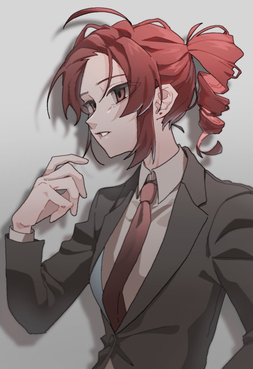 1girl alternate_costume alternate_hairstyle antenna_hair buttons clenched_teeth collared_shirt drill_hair drill_ponytail earrings exercising formal_clothes grey_background highres jacket jewelry kasane_teto long_sleeves morumo_39 necktie parted_bangs push-ups red_eyes red_hair red_necktie shadow shirt simple_background sleeves_past_elbows suit suit_jacket teeth upper_body utau white_shirt wing_collar