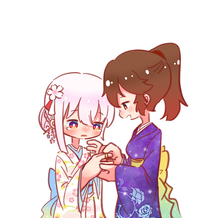 2girls alternate_hairstyle assault_lily blue_kimono bright_pupils brown_hair commentary_request floral_print flower funada_ui hair_between_eyes hair_bun hair_flower hair_ornament hair_ribbon hair_stick high_ponytail highres japanese_clothes jewelry kimono long_sleeves looking_at_another looking_at_hand multiple_girls nagasawa_yuki_(assault_lily) obi parted_lips ponytail print_kimono purple_eyes putting_on_jewelry red_eyes red_ribbon ribbon ring rose_print sash short_hair simple_background single_hair_bun smile standing tearing_up teisuu upper_body white_background white_flower white_kimono white_pupils white_ribbon wide_sleeves