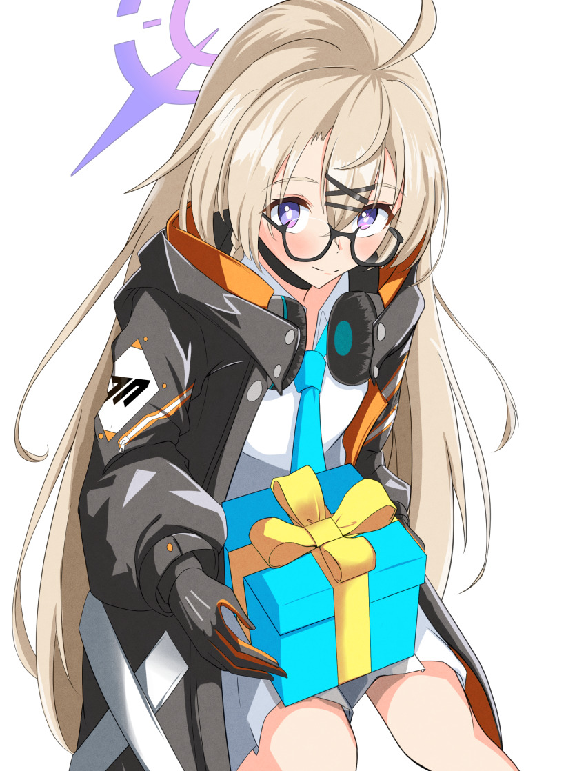 1girl absurdres ahoge black-framed_eyewear black_gloves black_jacket blonde_hair blue_archive blue_necktie blush box closed_mouth collared_shirt commentary_request core1013 gift gift_box glasses gloves hair_between_eyes hair_ornament halo headphones headphones_around_neck highres holding holding_box holding_gift jacket kotama_(blue_archive) long_hair long_sleeves looking_at_viewer looking_over_eyewear miniskirt necktie open_clothes open_jacket partial_commentary pleated_skirt puffy_long_sleeves puffy_sleeves purple_halo semi-rimless_eyewear shirt simple_background skirt smile solo under-rim_eyewear very_long_hair white_background white_shirt white_skirt x_hair_ornament