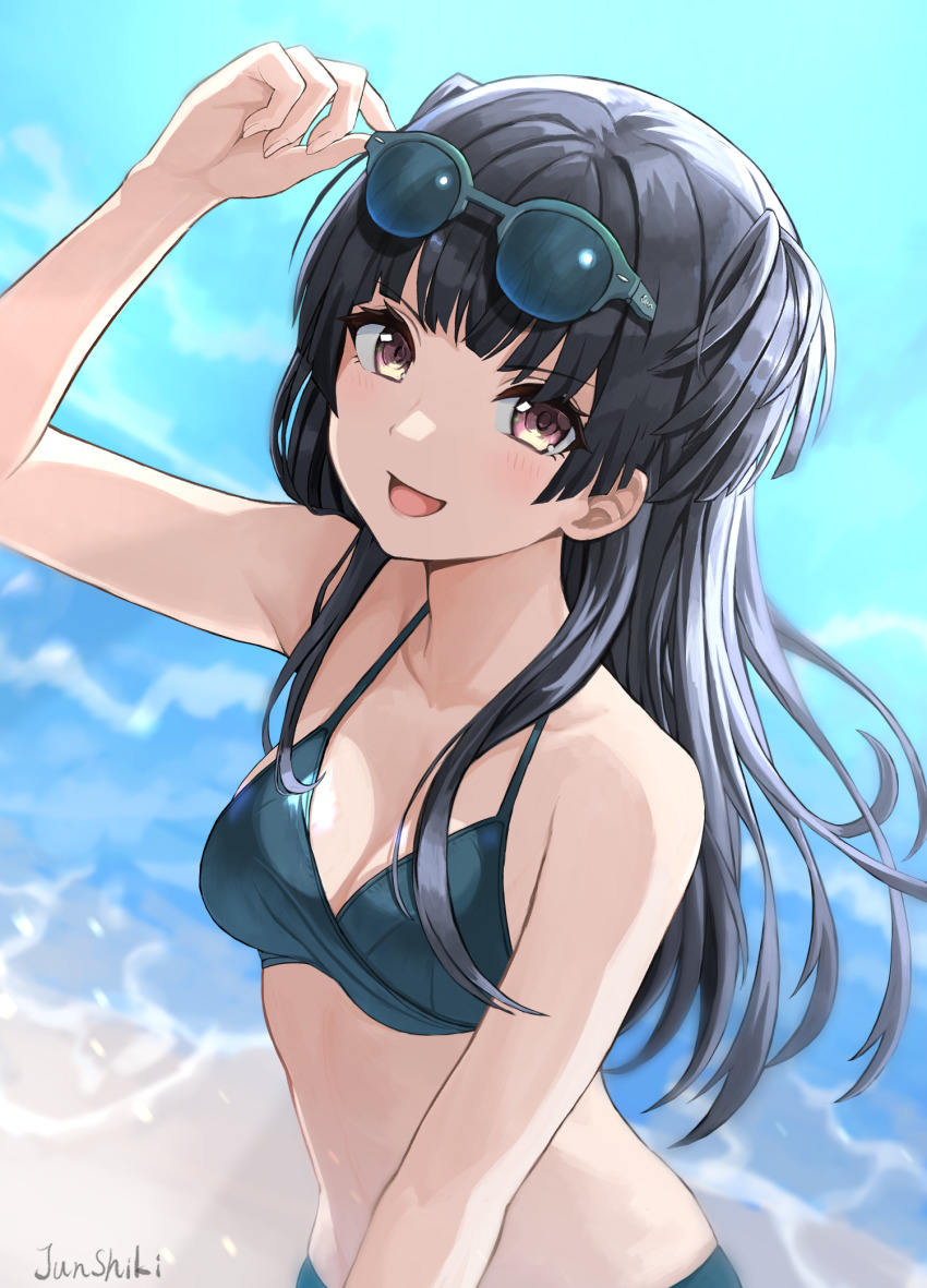 1girl bikini black_bikini black_hair breasts brown_eyes collarbone eyewear_on_head highres idolmaster idolmaster_shiny_colors junshiki long_hair looking_at_viewer mayuzumi_fuyuko ocean small_breasts solo sunglasses swimsuit two_side_up upper_body water