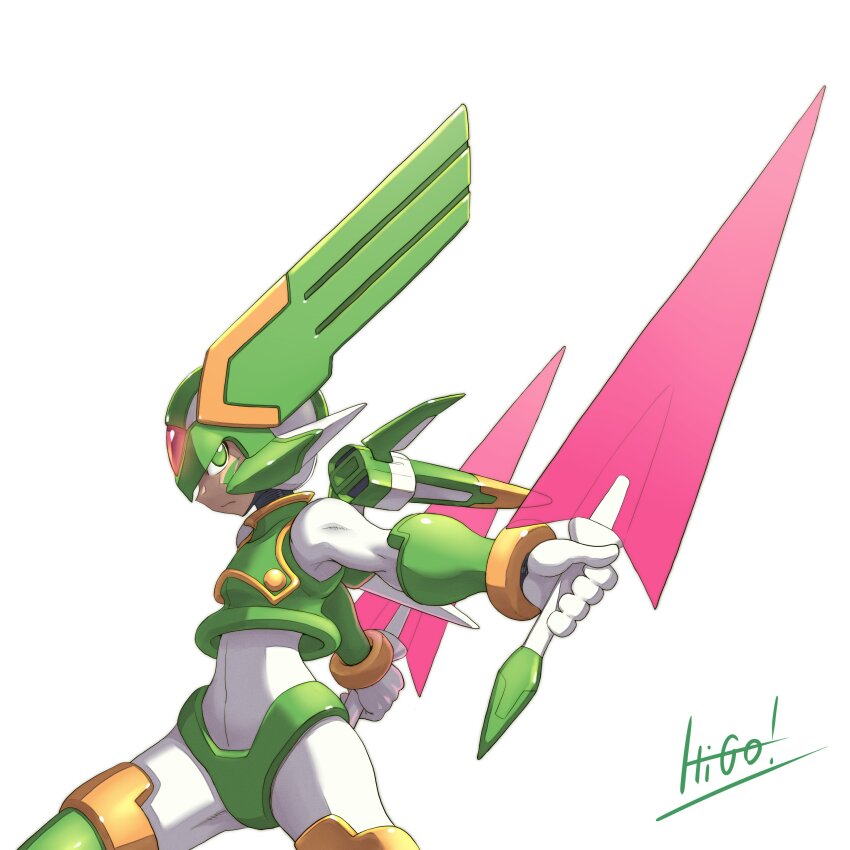 1boy absurdres armor artist_name dual_wielding energy_sword facial_mark forehead_jewel green_armor green_eyes green_helmet helmet hi-go! highres holding holding_sword holding_weapon mechanical_wings mega_man_(series) mega_man_zero_(series) profile sage_harpuia_(mega_man) signature simple_background solo sword weapon white_background winged_helmet wings