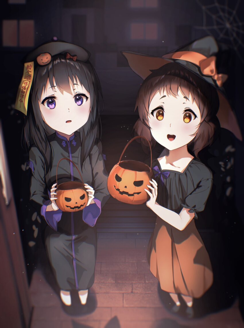 2girls aged_down black_hair blurry brown_hair child china_dress chinese_clothes dress halloween halloween_bucket halloween_costume hat hibike!_euphonium highres kousaka_reina lie_lack1080 looking_at_viewer multiple_girls oumae_kumiko pumpkin purple_eyes silk smile spider_web trick_or_treat witch_hat yellow_eyes