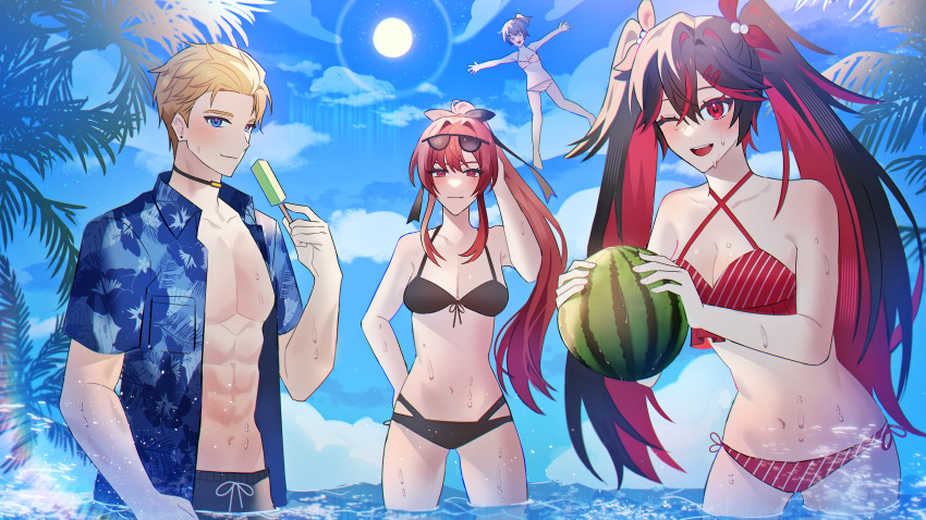 1boy 3girls abs absurdres bikini black_bikini blonde_hair blue_eyes blue_shirt chrome_(pgr) closed_mouth colored_inner_hair eyewear_on_head hair_between_eyes highres long_hair lucia_(pgr) multicolored_hair multiple_girls nanami_(pgr) navel one_eye_closed open_clothes open_mouth open_shirt ponytail punishing:_gray_raven rapen01 red_bikini red_eyes red_hair shirt short_hair short_sleeves sidelocks streaked_hair sunglasses swimsuit teeth upper_teeth_only vera_(pgr) wet