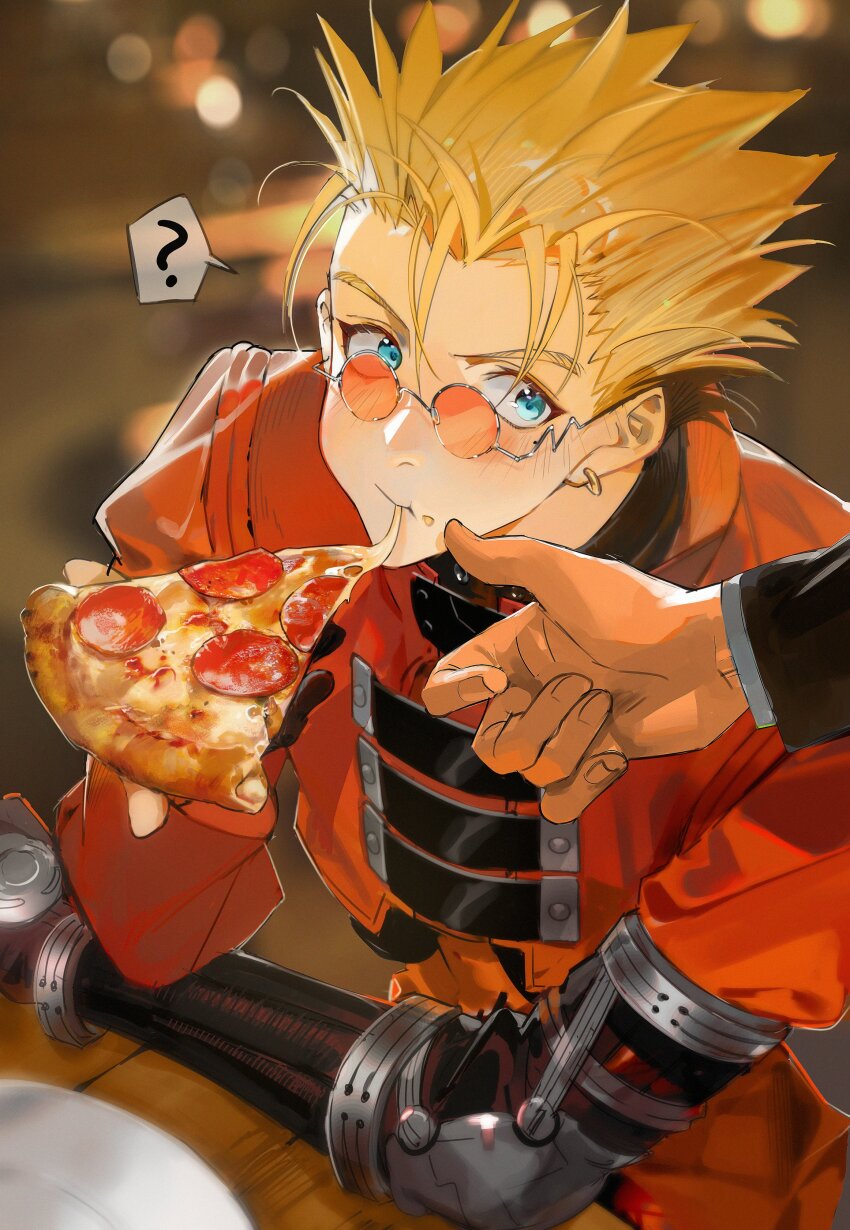 1boy ? absurdres blonde_hair blue_eyes blurry blurry_background bowl citronplanet coat commentary earrings eating food highres holding holding_food holding_pizza jewelry long_coat looking_to_the_side mole mole_under_eye orange-tinted_eyewear out_of_frame pizza pizza_slice prosthesis prosthetic_arm red_coat round_eyewear single_earring symbol-only_commentary table tinted_eyewear trigun undercut vash_the_stampede wooden_table