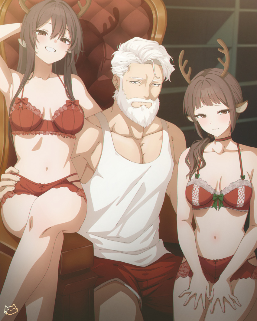 1boy 2girls antlers artist_logo beard bow bow_bra bow_panties bra breasts brown_eyes brown_hair choker crotch_seam facial_hair green_bow highres horns keihh lingerie logo long_hair medium_breasts multiple_girls navel original panties red_bow red_bra red_choker red_panties red_shorts reindeer_antlers reindeer_girl santa_claus short_hair shorts sitting tank_top underwear white_hair white_tank_top