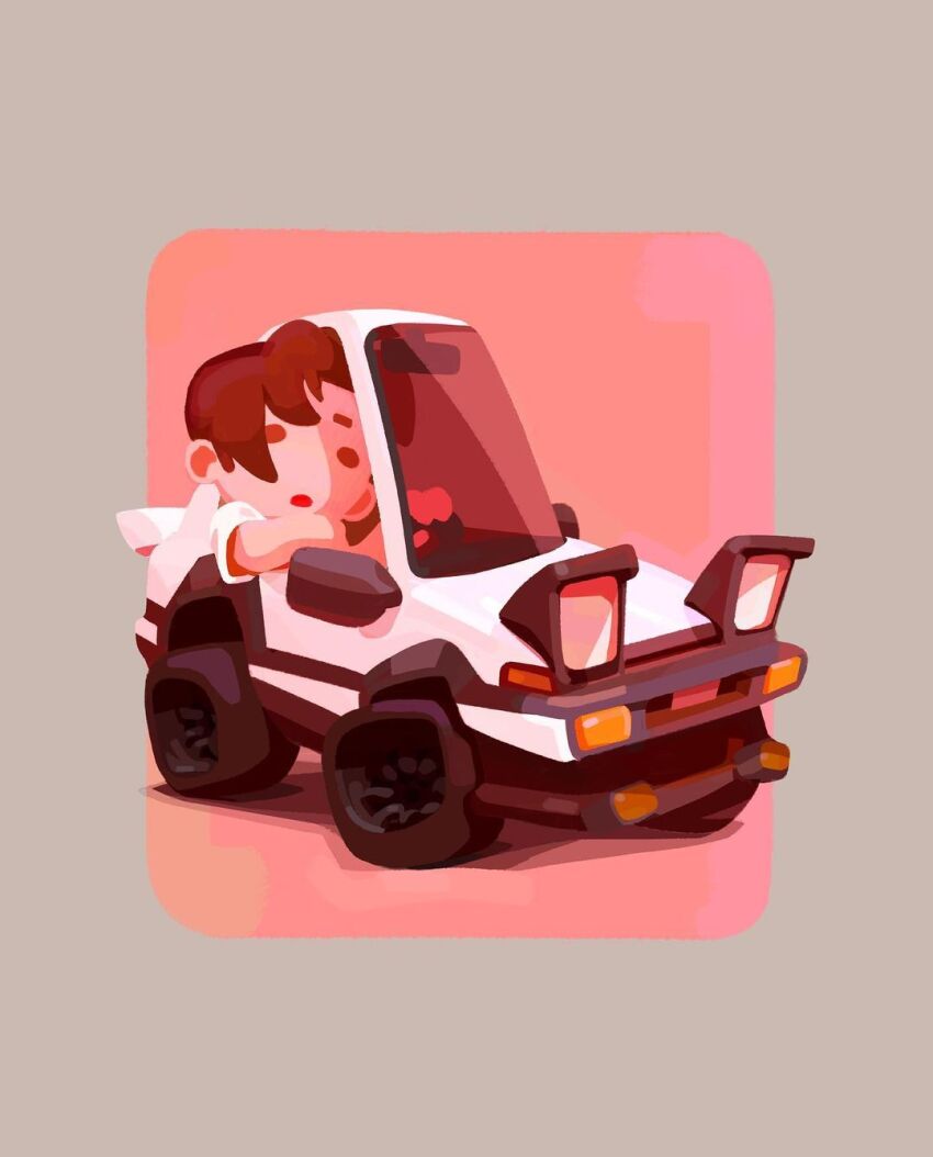 1boy border brown_eyes brown_hair car chibi driving fujiwara_takumi fujiwara_takumi&#039;s_toyota_trueno_ae86 grey_border highres initial_d motor_vehicle open_mouth parted_bangs pink_background pop-up_headlights shadow solo spec_(nick) toyota toyota_sprinter_trueno vehicle_focus white_car