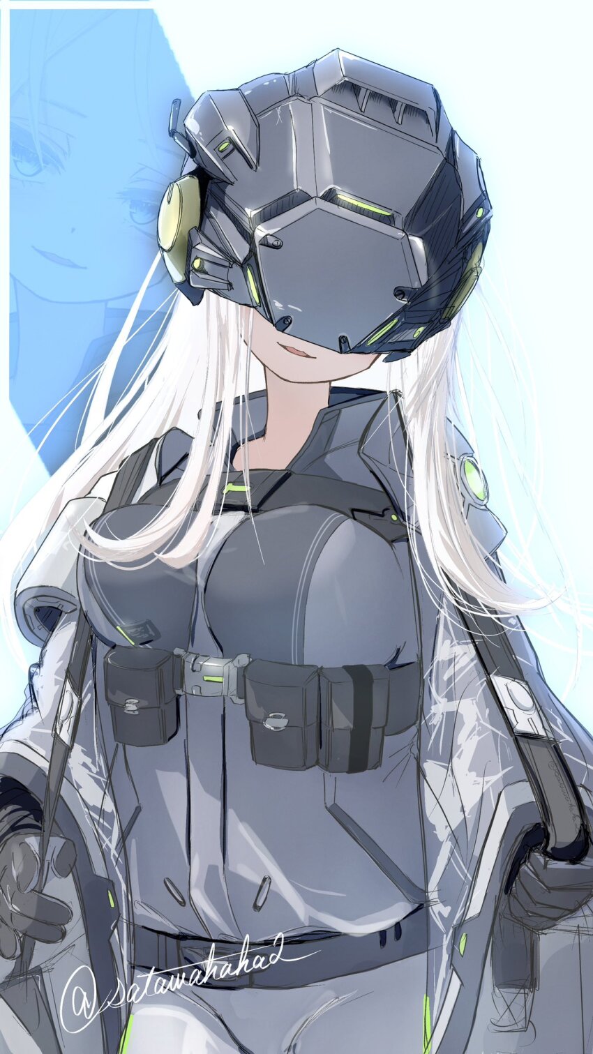 1girl armor bag breasts gloves goddess_of_victory:_nikke grey_armband grey_bag highres idoll_ocean_(nikke) light_smile long_hair looking_at_viewer mask medium_breasts revealing_layer sata_(satawahaha) sidelocks smile solo upper_body visor_(armor) white_hair