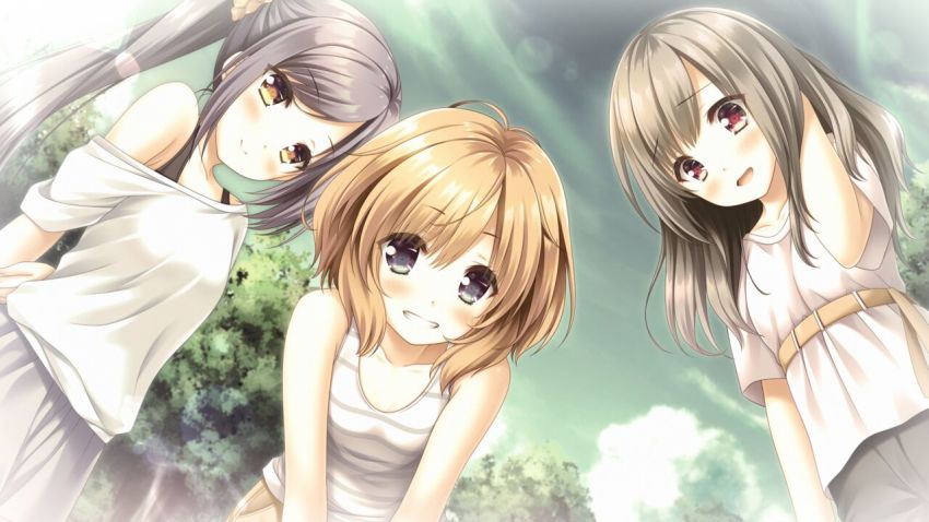 3girls :d arms_behind_back blonde_hair blue_eyes child closed_mouth day from_below game_cg grey_hair grey_pants grey_skirt grin hand_in_own_hair iwanuma_rin kawasaki_sumire leaning_forward long_hair looking_at_viewer moekibara_fumitake multiple_girls off-shoulder_shirt off_shoulder open_mouth outdoors pants ponytail red_eyes shibata_kanako shirt short_sleeves skirt sleeveless sleeveless_shirt smile straight_hair striped_clothes striped_shirt white_shirt yellow_eyes yumahorome_~toki_wo_tometa_yakata_de_asu_wo_sagasu_maigo-tachi~