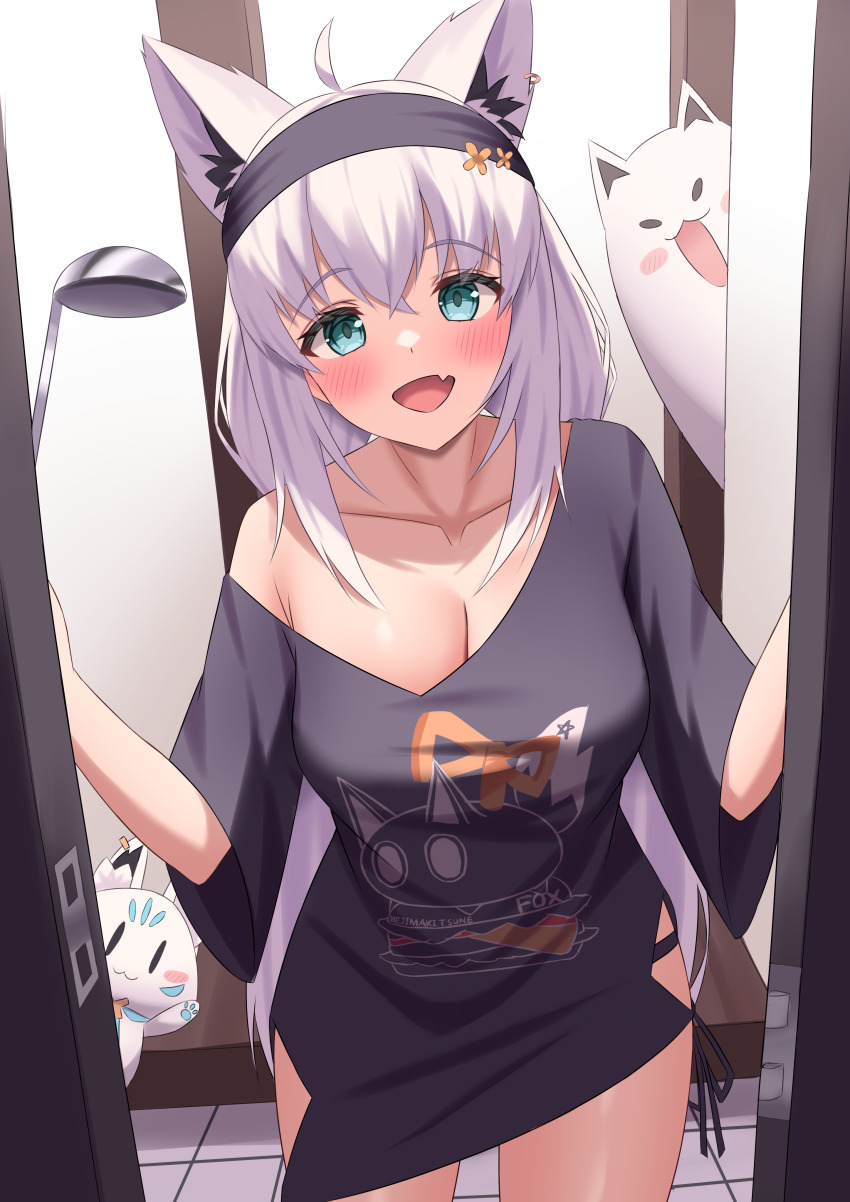 1girl absurdres ahoge animal_ear_piercing animal_ears black_headband black_panties black_shirt blue_eyes breasts cleavage fang fox_ears fox_girl grey_hair headband highres hololive kumoru_(kumoru_145) long_hair looking_at_viewer medium_breasts official_alternate_costume open_mouth panties shirakami_fubuki shirakami_fubuki_(loungewear) shirt side-tie_panties skin_fang smile solo sukonbu_(shirakami_fubuki) underwear very_long_hair virtual_youtuber