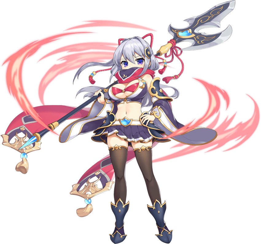 1girl artist_request belt breasts cleavage full_body grey_hair hair_ornament holding holding_polearm holding_weapon legend_clover lu_bu_(legend_clover) navel official_art polearm purple_eyes scarf scarf_over_mouth short_hair skirt sleeveless third-party_source transparent_background weapon