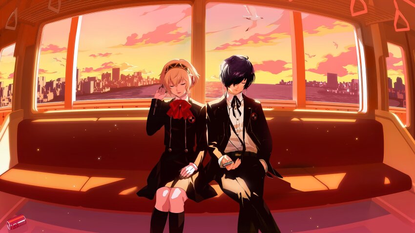 1boy 1girl absurdres aegis_(persona) bird black_hair black_jacket black_pants black_skirt blonde_hair bow bowtie can cityscape closed_eyes cloud cloudy_sky commentary digital_media_player english_commentary gekkoukan_high_school_uniform hair_over_one_eye headband headphones highres jacket jurawings1 ocean pants persona persona_3 red_bow red_bowtie school_uniform seagull shirt short_hair sitting skirt sky sunset train_interior white_shirt yuuki_makoto_(persona_3)