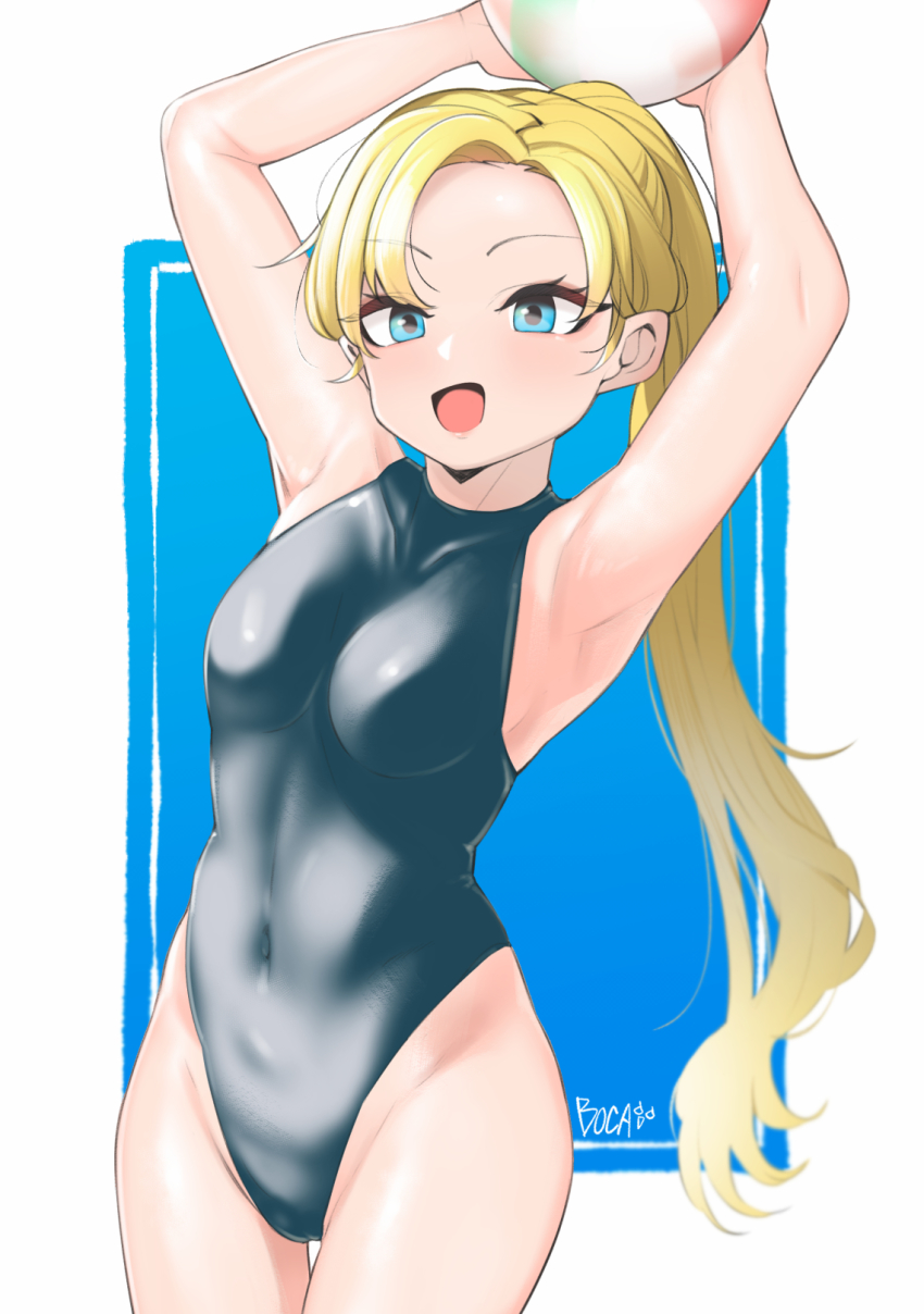 1girl armpits arms_up ball beachball black_one-piece_swimsuit blonde_hair blue_eyes boca covered_navel highleg highleg_one-piece_swimsuit highres long_hair looking_at_viewer one-piece_swimsuit original ponytail sleeveless sleeveless_turtleneck smile solo standing swimsuit turtleneck