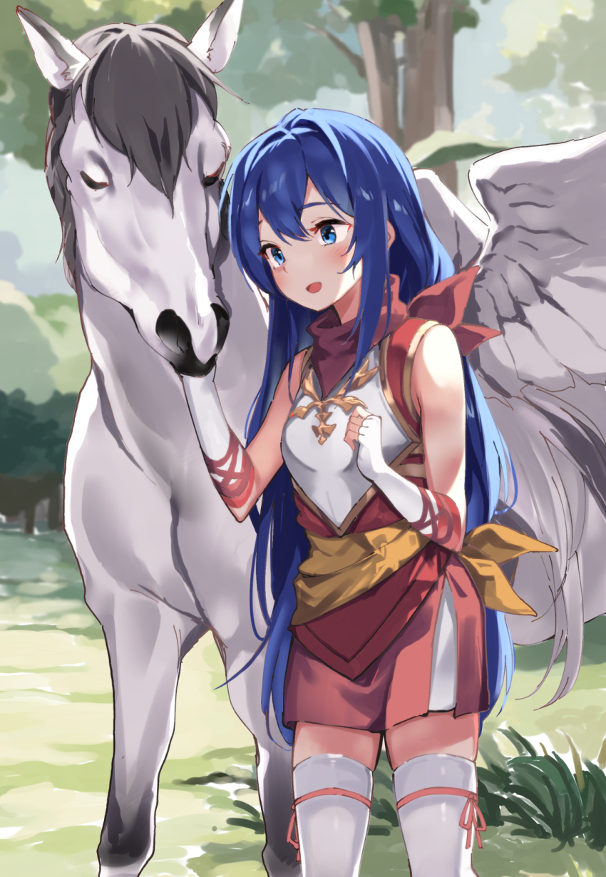 1girl :d animal bandana bare_shoulders blue_hair blush breasts caeda_(fire_emblem) commentary_request elbow_gloves fingerless_gloves fire_emblem fire_emblem:_shadow_dragon gloves hair_between_eyes highres lamb_(hitsujiniku) long_hair nintendo open_mouth outdoors red_skirt skirt small_breasts smile solo standing thighhighs tree very_long_hair white_gloves white_thighhighs winged_unicorn