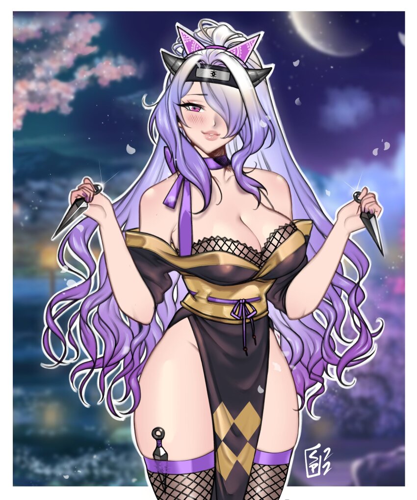 1girl absurdres bare_shoulders black_kimono blush border breasts camilla_(fire_emblem) camilla_(ninja)_(fire_emblem) cleavage commentary english_commentary fire_emblem fire_emblem_fates fire_emblem_heroes fishnet_thighhighs fishnets forehead_protector hair_over_one_eye highleg highres holding holding_weapon japanese_clothes kimono kunai large_breasts lips long_hair looking_at_viewer moon ninja nintendo off_shoulder official_alternate_costume one_eye_covered parted_lips pelvic_curtain petals pink_lips ponytail purple_eyes purple_hair sidelocks snazzypumpkin solo swept_bangs thighhighs very_long_hair weapon