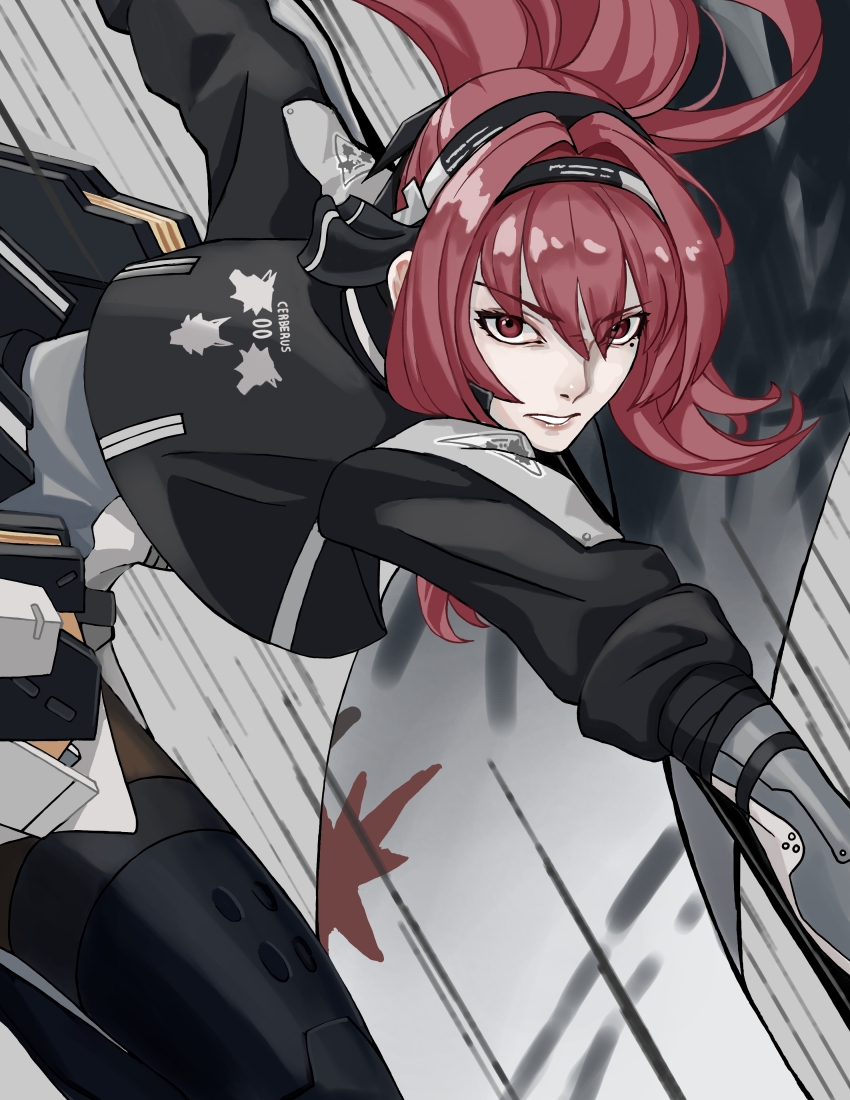 1girl absurdres black_bow black_hairband black_jacket bodysuit bow commentary_request hair_bow hair_intakes hairband highres jacket logo long_hair mechanical_arms mechanical_legs parted_lips punishing:_gray_raven red_eyes red_hair solo trashpanda_11b vera:_garnet_(pgr) vera_(pgr)